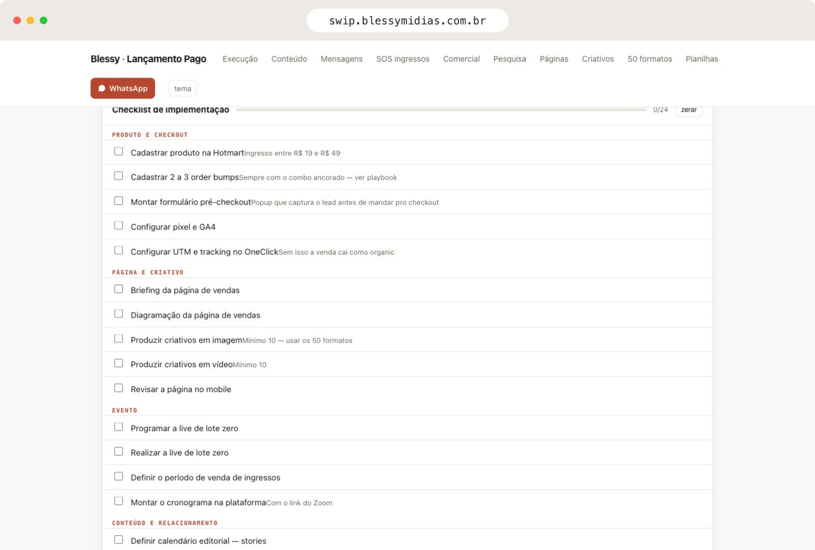 Checklist das 24 etapas do lançamento, com progresso salvo e a regra de cada etapa