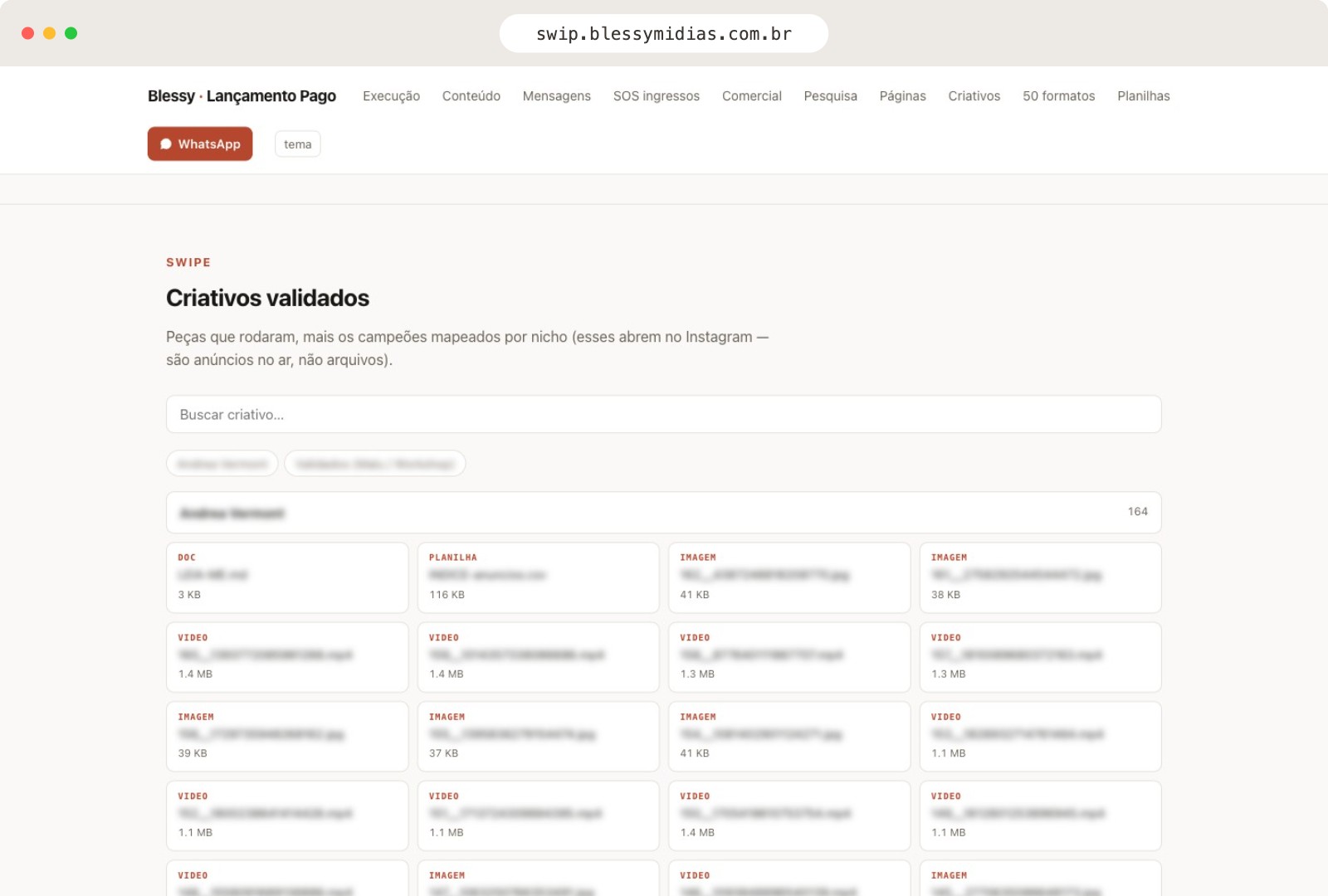 Biblioteca de criativos validados que rodaram nas contas da agência