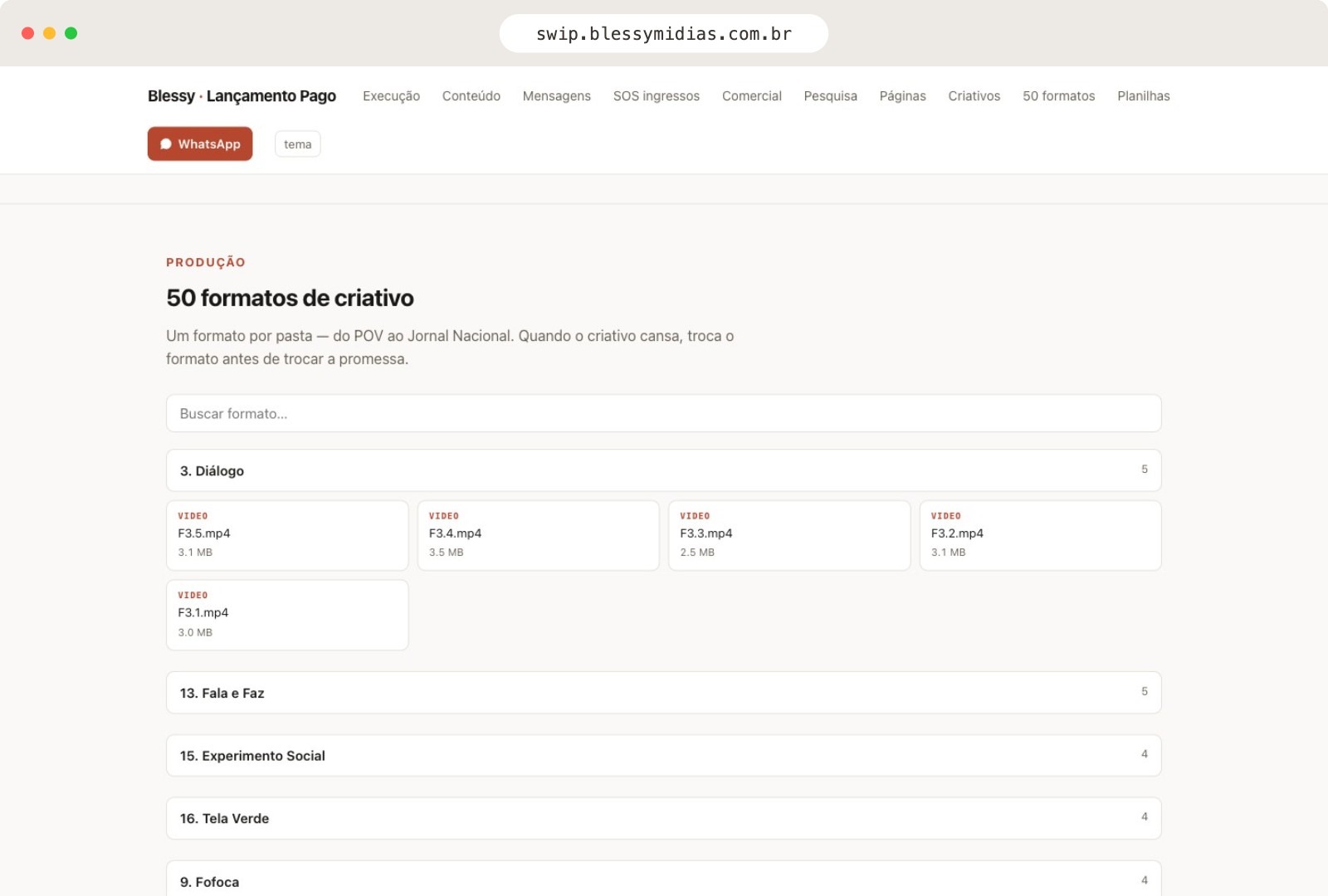 Catálogo dos 50 formatos de criativo, um por pasta